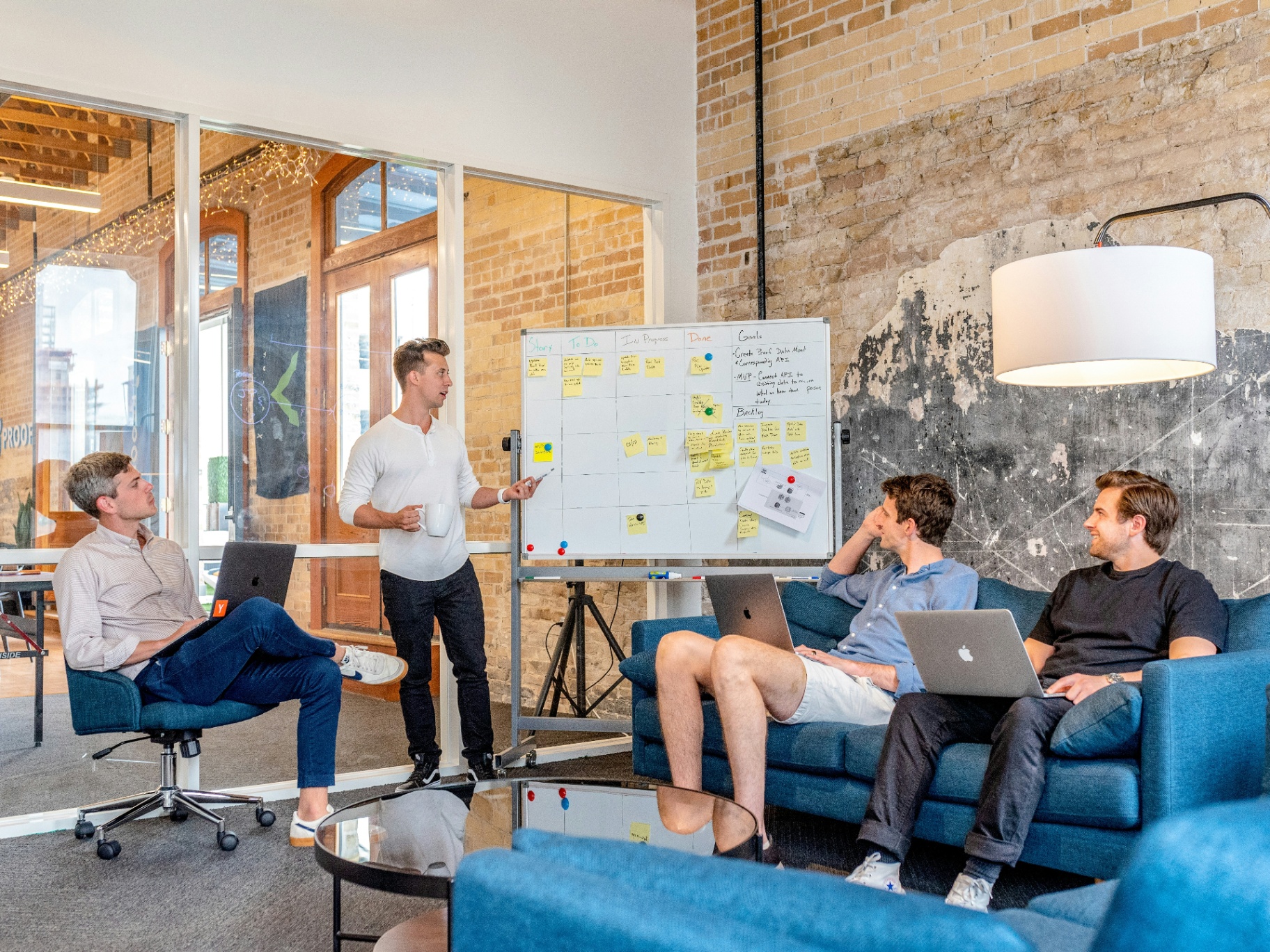A team gathered around a whiteboard mapping out strategy.